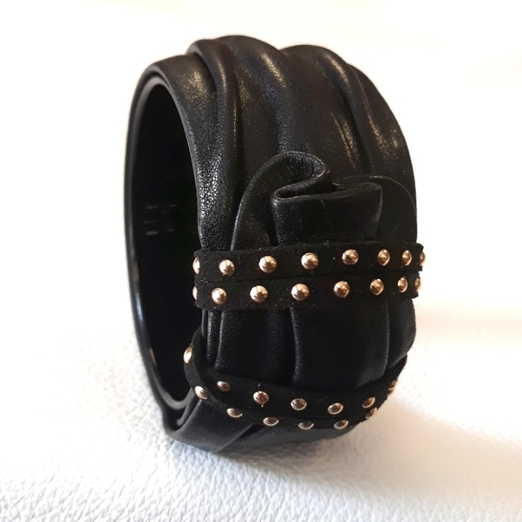 Black Leather Bangle Bracelet/ 90's/Handcrafted/ Statement Bracelet - Picture 1 of 16